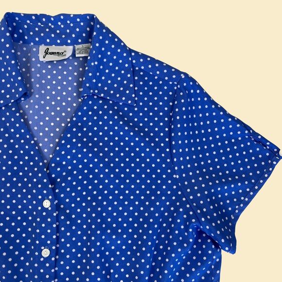 1980s polka-dot blouse by Joanna, size L blue & white vintage 80s/90s shirt - Picture 9 of 9